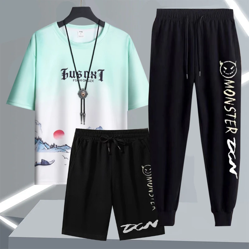 冰丝夏季男士T恤上衣短裤长裤搭配三件套青少年学生潮流休闲套装