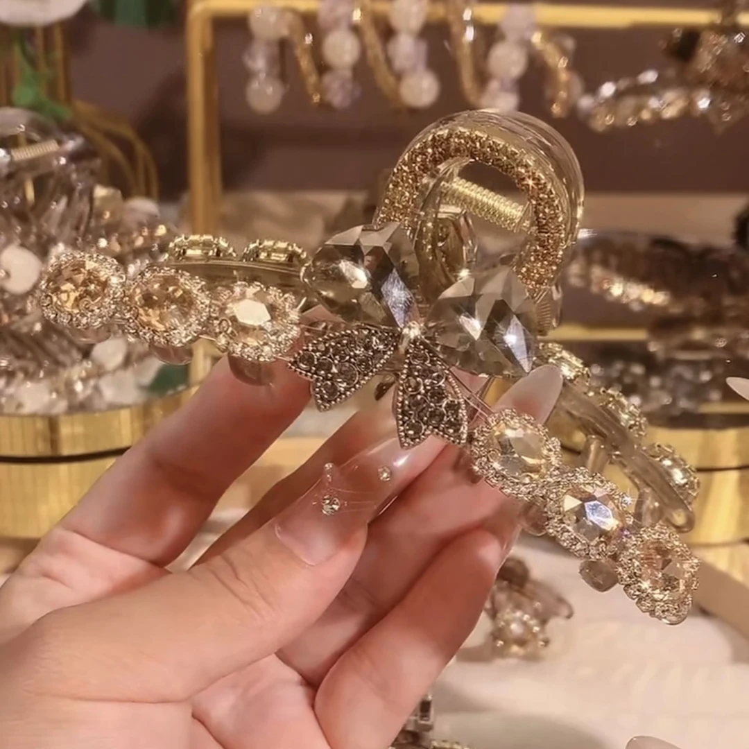 新款气质香槟色抓夹重工轻奢满钻水晶花减龄抓夹后脑勺优雅发饰女