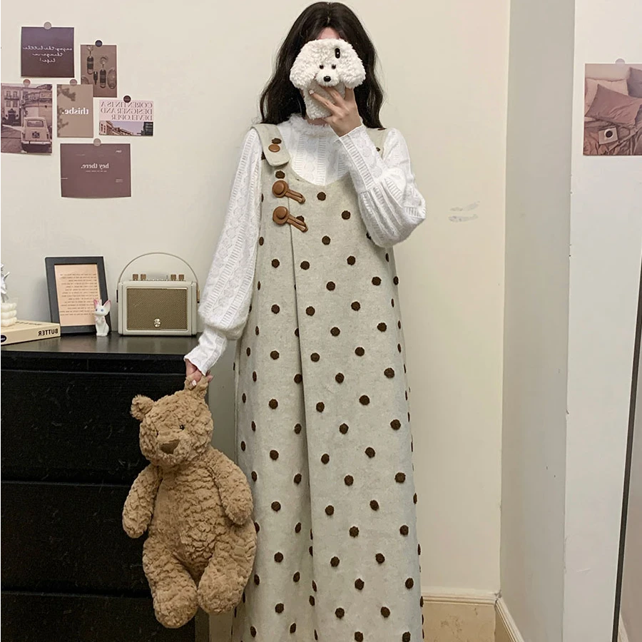 复古秋冬波点刺绣毛呢背心裙毛绒外套胖MM两件套女3117