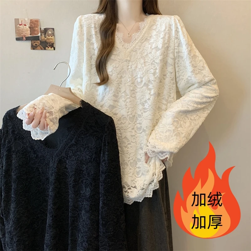 2024秋季新款V领加绒百搭时尚打底镂空蕾丝衫上衣女潮