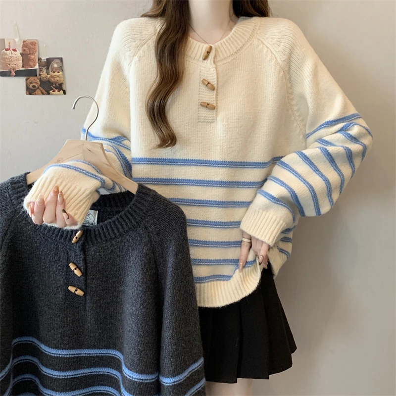 【交个朋友专属】2024秋冬新款时尚显瘦条纹排扣加厚长袖毛衣