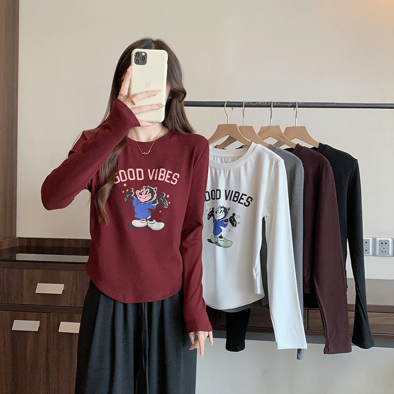 2024秋冬新款胖mm大码女时尚卡通字母印花内搭长袖T恤