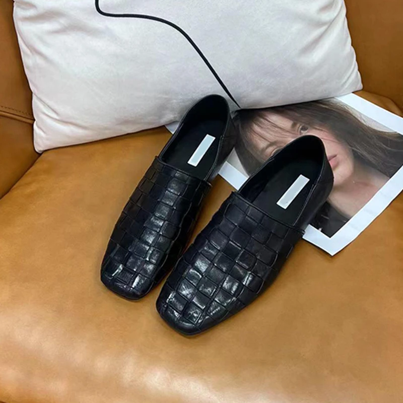 彩姿妮嘉伯公主~法式编织真皮方头一脚蹬英伦低跟乐福鞋平底单鞋