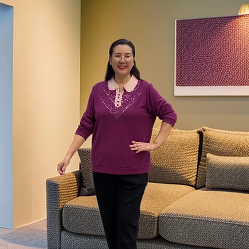 妈妈装春秋加肥200斤穿翻领针织长袖T恤时尚百塔洋气中老年小衫