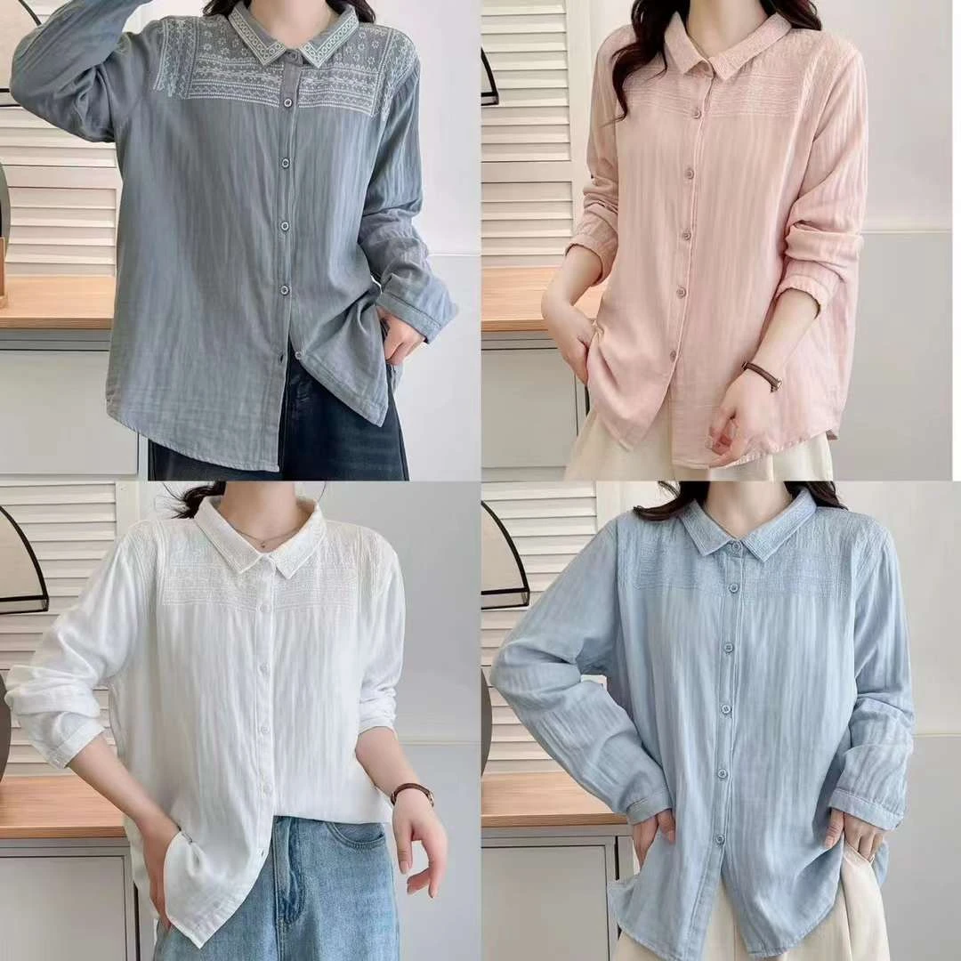 早秋新款重工刺绣纯棉衬衣长袖法式衬衫女士翻领2024年新款上衣女