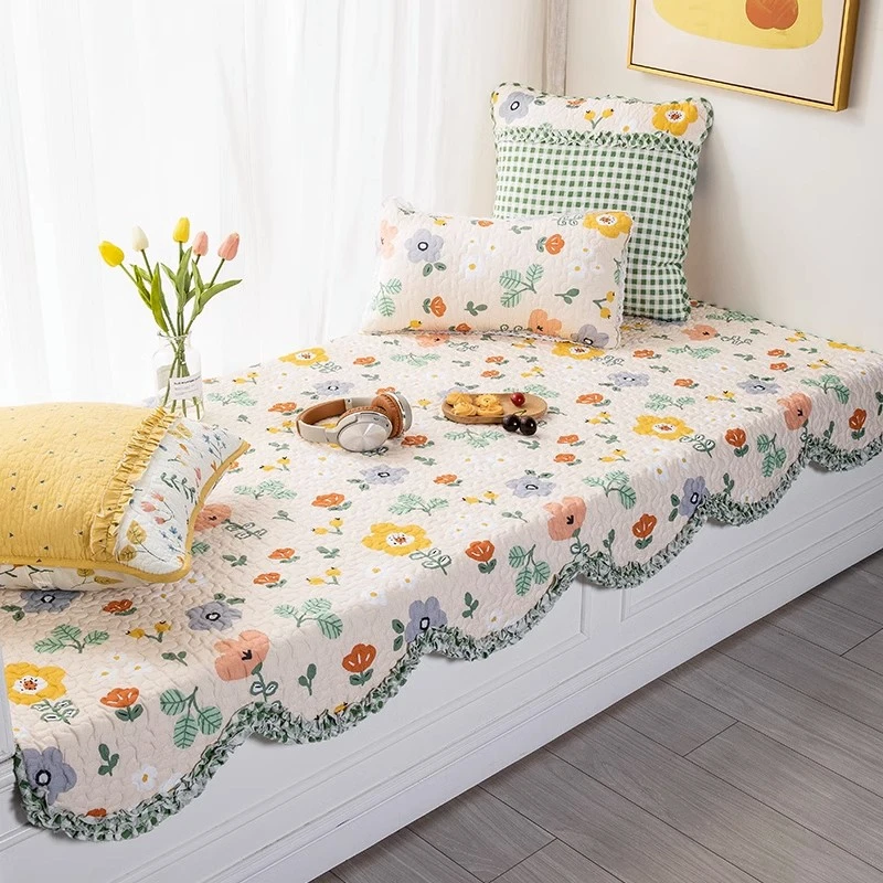 日韩弧形小花款纯棉卧室飘窗垫 四季防滑水洗机洗布艺飘窗毯批发