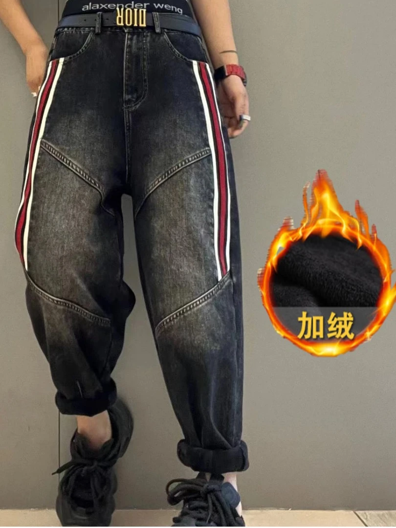 新款加绒时尚黑灰口袋牛仔外套加绒显瘦黑色哈伦牛仔裤两件套