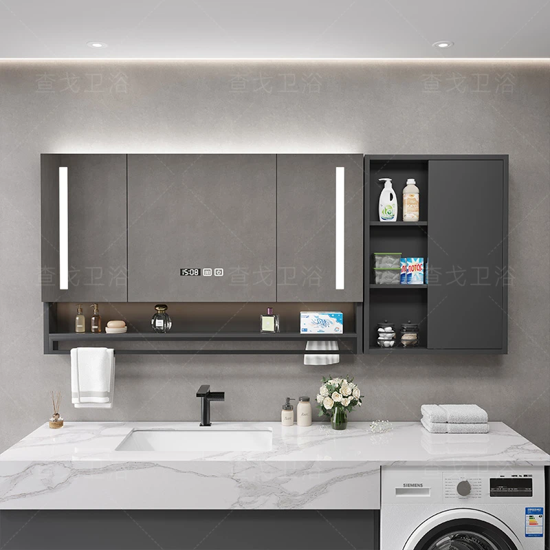 智能挂墙式浴室镜柜组合带灯轻奢上半部分卫生间收纳简约储物现代