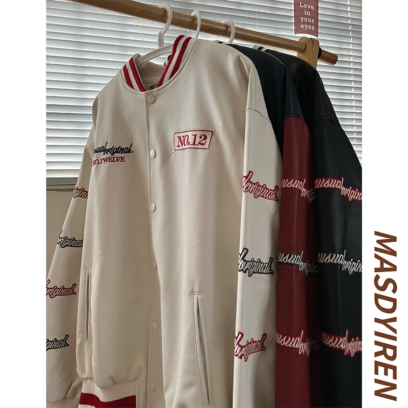 MASDYIREN 春秋美式复古宽松机车服皮衣外套设计感棒球服夹克男潮