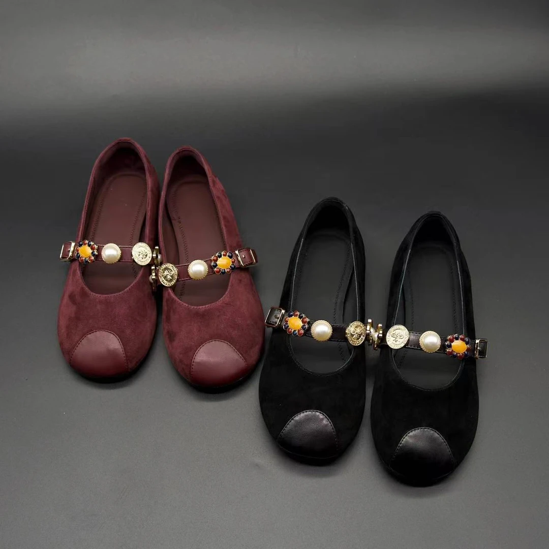 【Dhh】跟高1cm•羊皮•圆头法式小香风一字带金属水钻玛丽珍单鞋