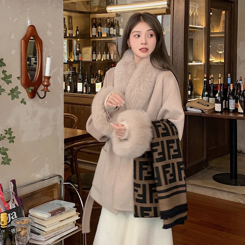 雪初晴~双面尼羊毛大衣中长款狐狸毛领毛呢外套女温柔秋冬新款