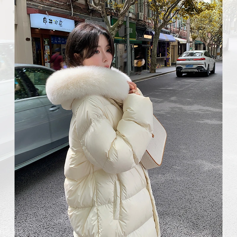 雪国来信90白鹅绒狐狸毛领羽绒服女连帽皮草加厚外套2024新款