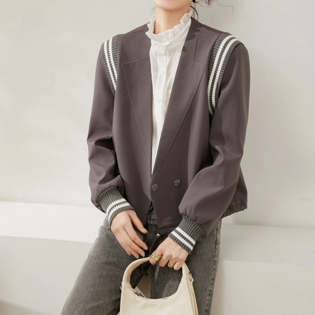 白鹿语设计感时尚港风气质撞色拼接抽绳长袖洋气外套女HPX3533