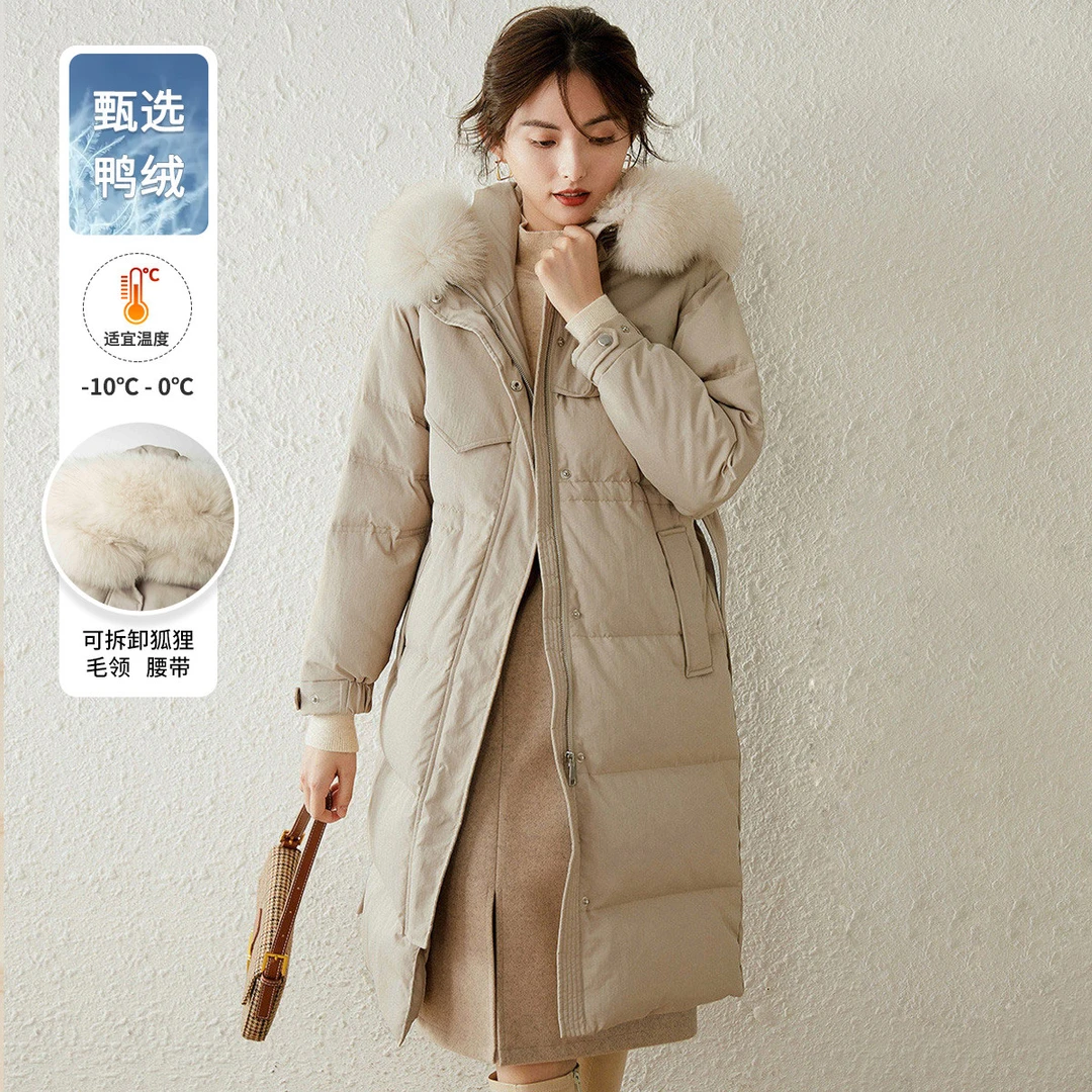 白鹿语真狐狸毛领羽绒服冬连帽收腰优雅通勤保暖羽绒外套BX30045