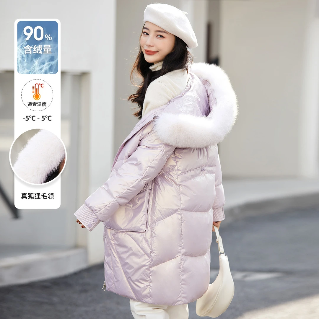 白鹿语白鸭绒狐狸毛领羽绒服冬款休闲连帽中长款外套女BX21090