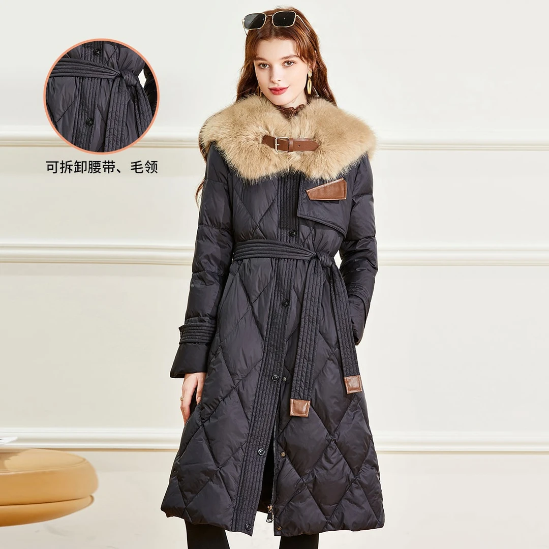 白鹿语冬款时尚简约气质可拆卸毛领中长鸭绒外套羽绒服女WBX23764