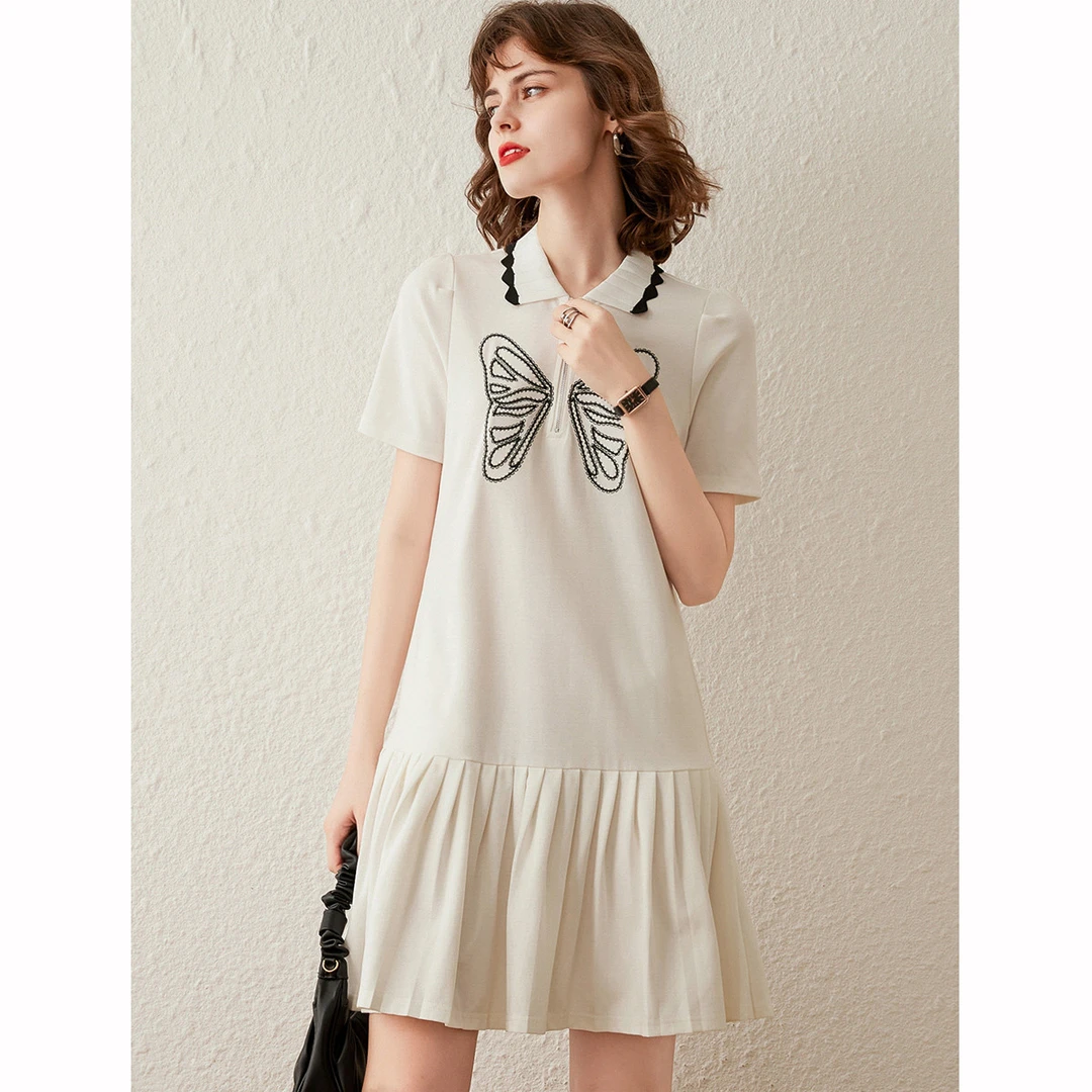 白鹿语夏款时尚气质青春减龄绣花蝴蝶百褶宽松女装连衣裙YU30928