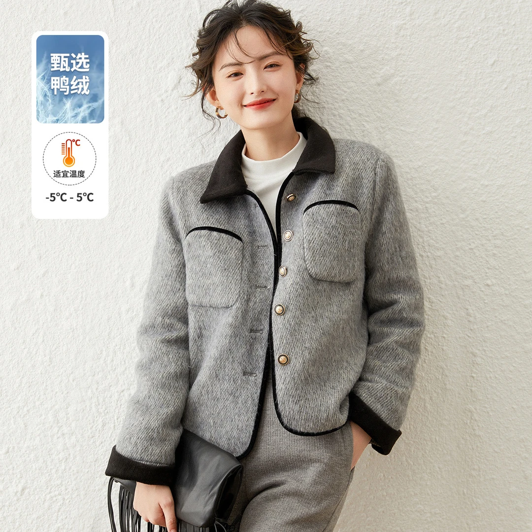 白鹿语简约撞色翻领羽绒服拼接撞色包边口袋鸭绒保暖外套WBX36034