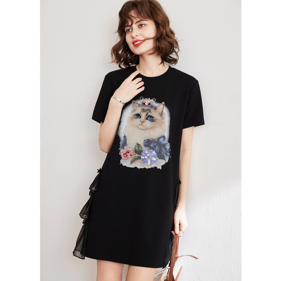 白鹿语夏新款时尚气质休闲猫咪印花显瘦百搭女装连衣裙YU10526