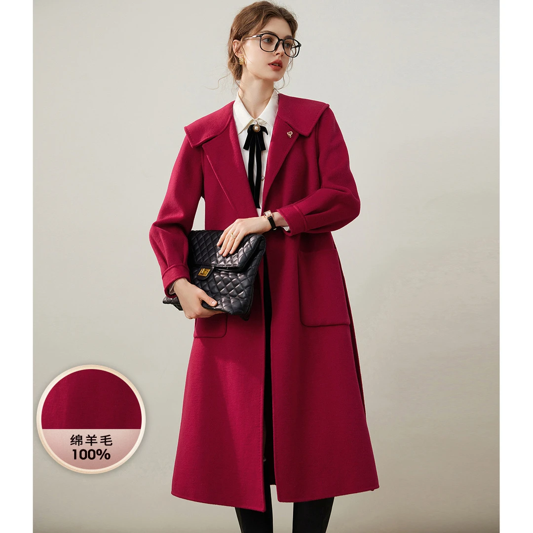 白鹿语【100%绵羊毛】冬款时尚腰带全羊毛双面呢大衣FBX10352