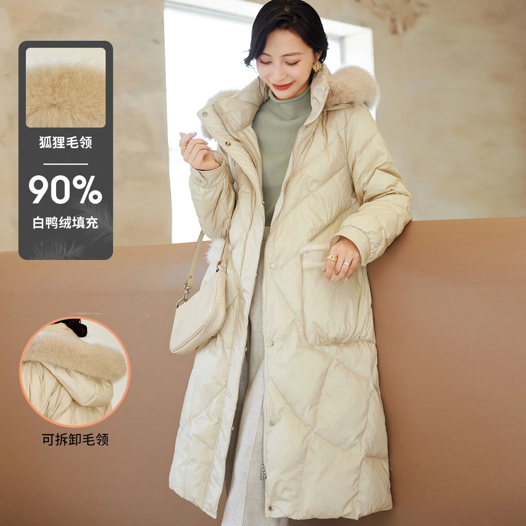 白鹿语冬款韩系拼接白鸭绒毛领羽绒服女装外套BX21159