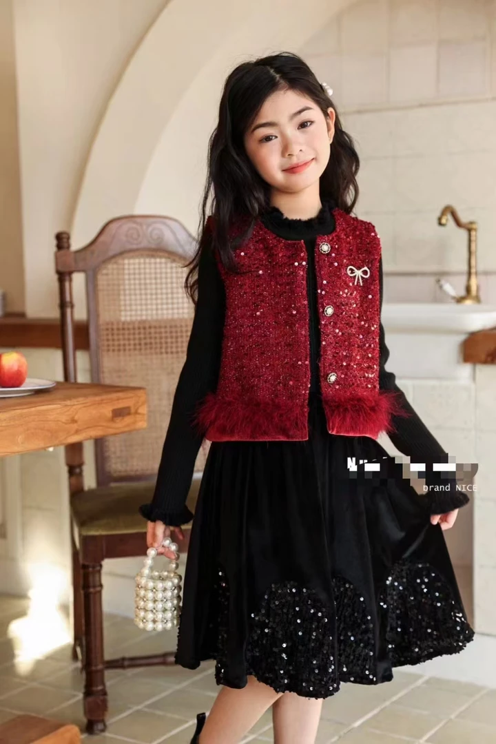 604-满天星亮片花边马甲两件女童套裙洋气时尚红色秋冬儿童-S