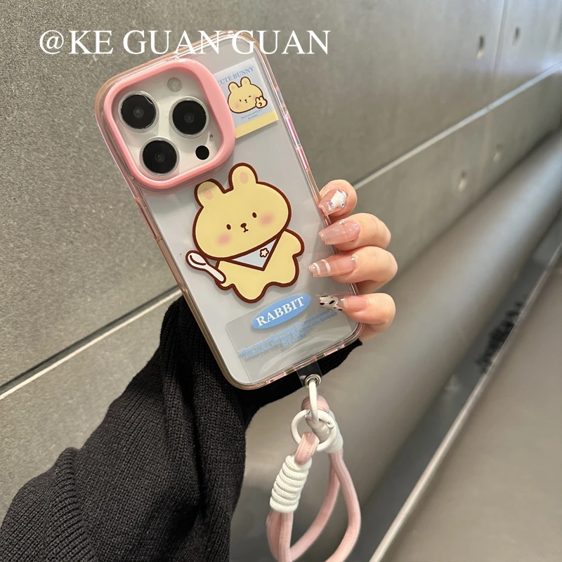 少女风半透粉色小熊粉挂绳硬壳13苹果15Promax手机壳iphone14pro