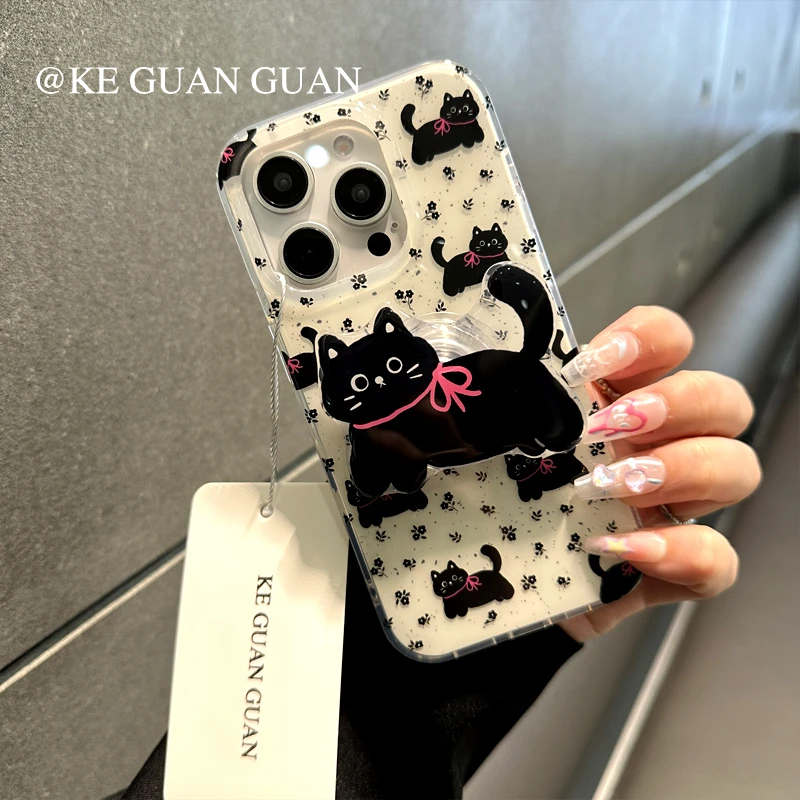 ins个性黑色猫咪支架款苹果15Promax手机壳iphone14新款13创意12
