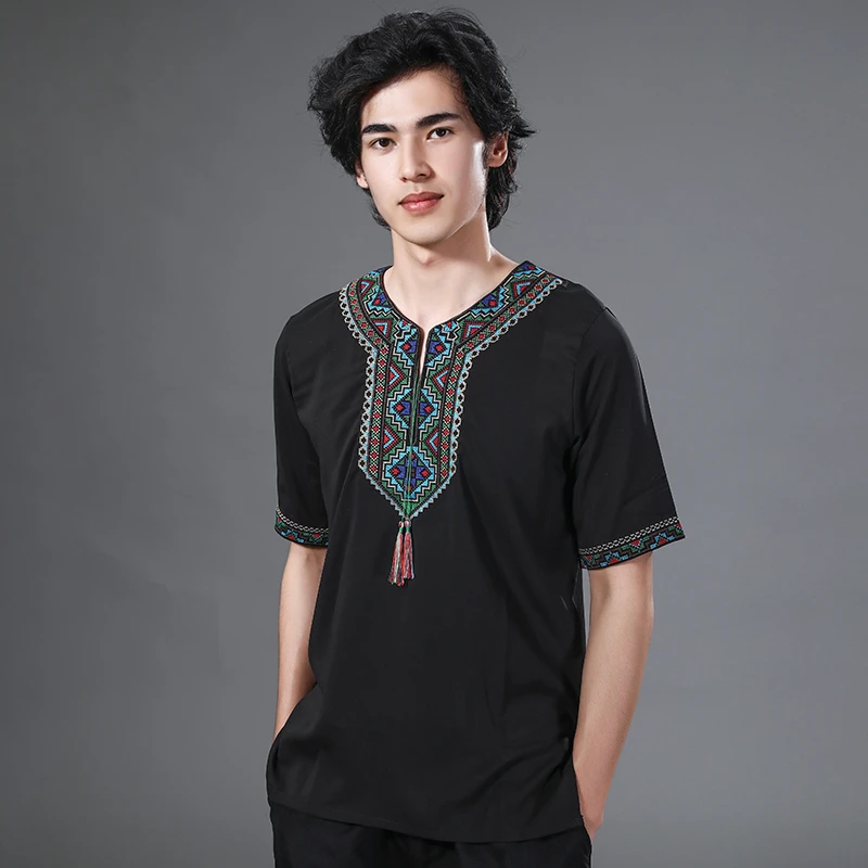 短袖T恤民族风新款宽松新疆夏季休闲高档弹力雪纺透气绣花衬衫