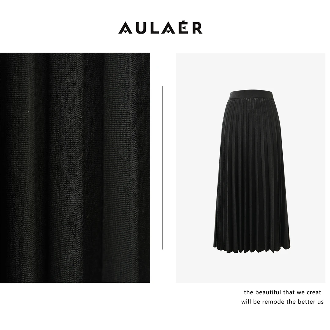 AULAER/澳拉尔【叶可可】超细针精纺绵羊毛针织百褶半身裙ALE55187