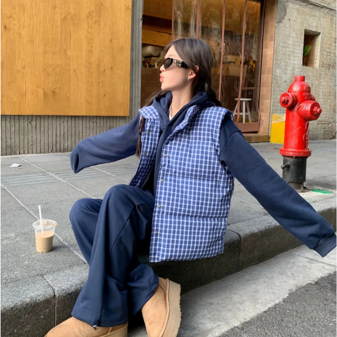 夹棉加厚保暖格子棉服马甲加绒连帽卫衣卫裤女2024冬季新款套装潮
