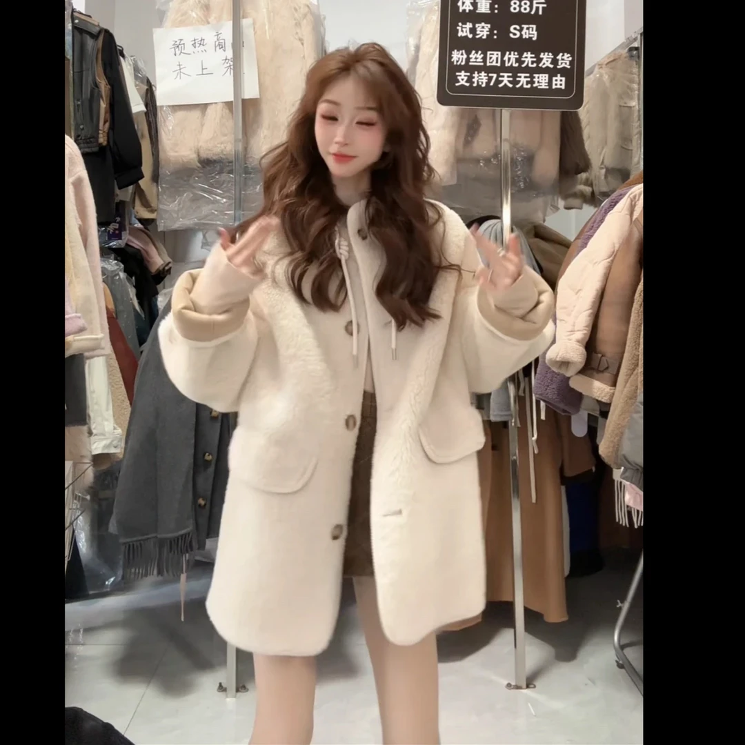 高级感连帽皮毛一体毛绒外套女冬季2024新款学院风加厚保暖上衣