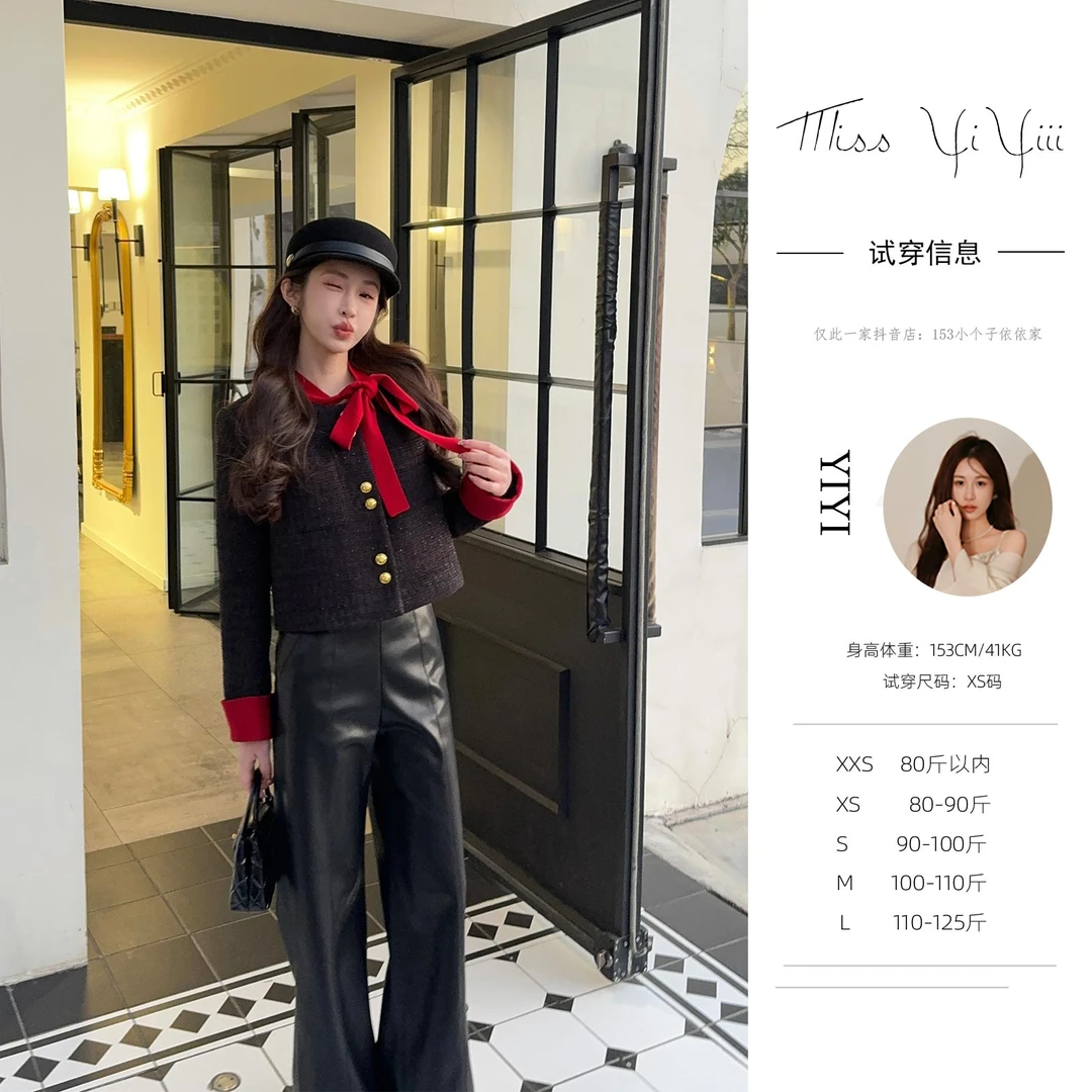 【绯红特调】<宠粉内购会>黑红撞色小香风羽绒外套设计感飘带针织衫