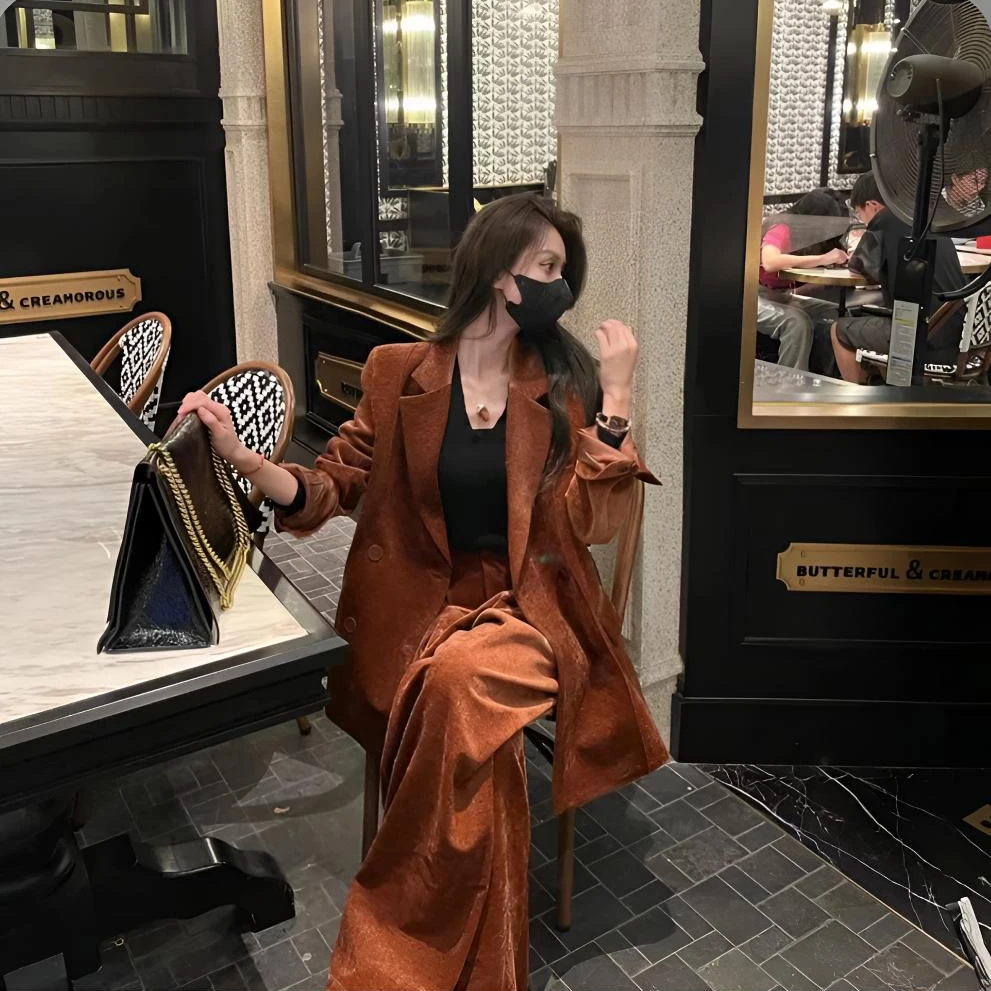 高级感美拉德色系2024大气西装阔腿裤两件套显瘦百搭休闲韩版西装
