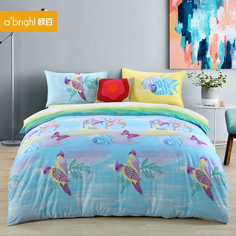 欧百家纺床上用品40支斜纹全棉印花四件套双人被套床单吉祥热带风