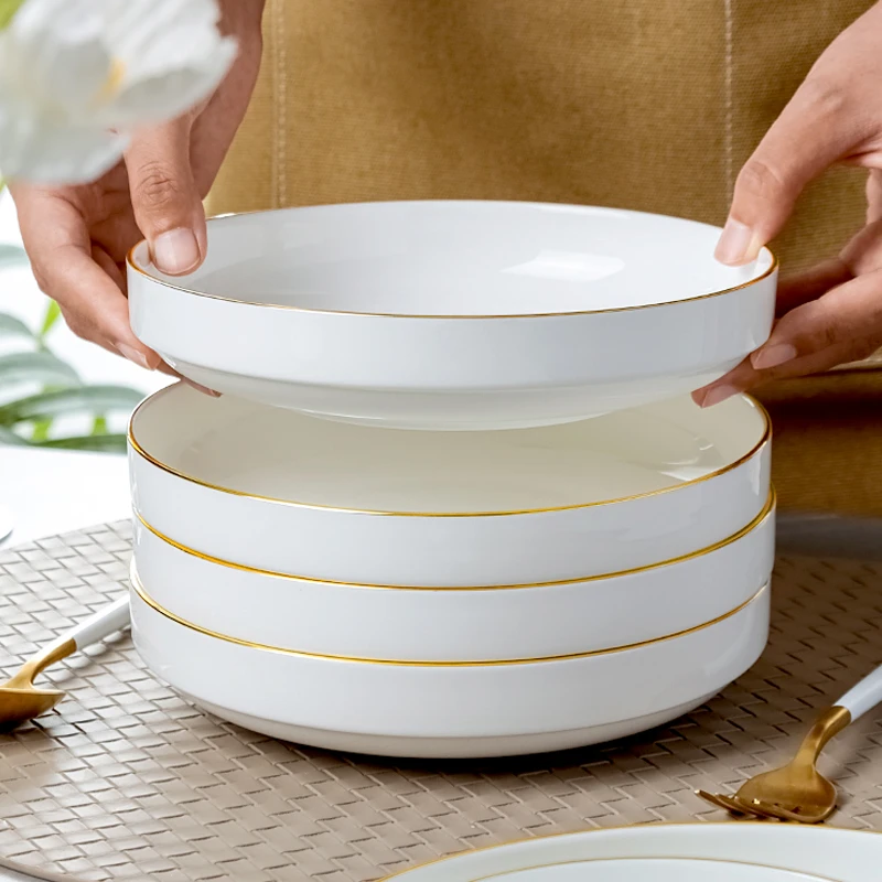2024金边合意窝骨瓷盘子高级家用菜盘中式陶瓷深盘8寸汤盘菜碟子