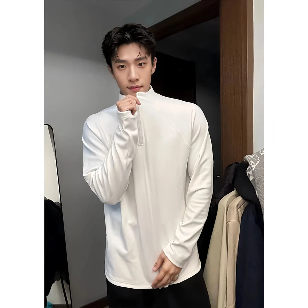 秋冬半拉链立领弹力打底长袖T恤双面德绒休闲运动插肩袖简约上衣