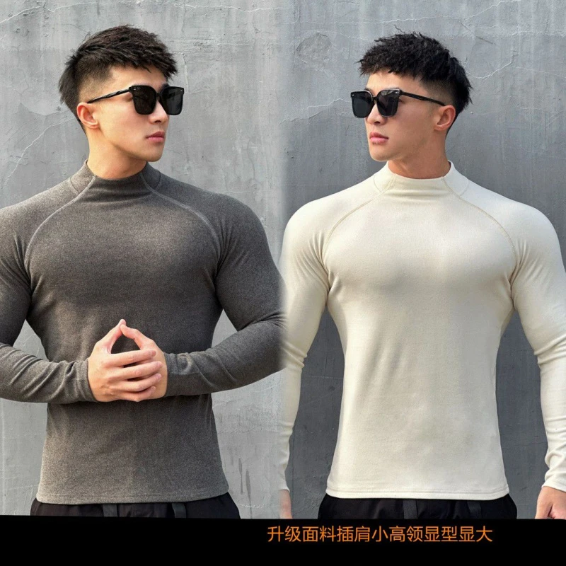 秋冬季德绒保暖修身半高领长袖打底长男运动健身显大高弹衣服潮