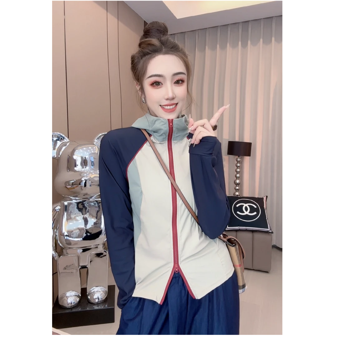 【小雪严选】美式外套连帽拼接防晒上衣女休闲薄款连肩袖速干外套