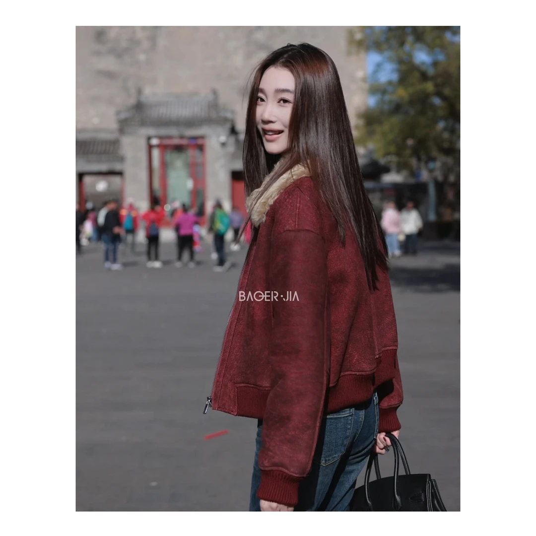 3-【冰岛】宝儿家含幂BA90024410冬季新款穿搭罗纹下摆冰岛毛领皮衣