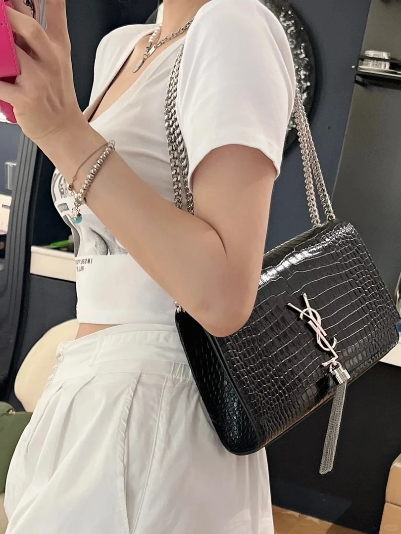 99新 YSL/圣罗兰 ysl kate中号流苏黑银鳄压/公价无/甄选