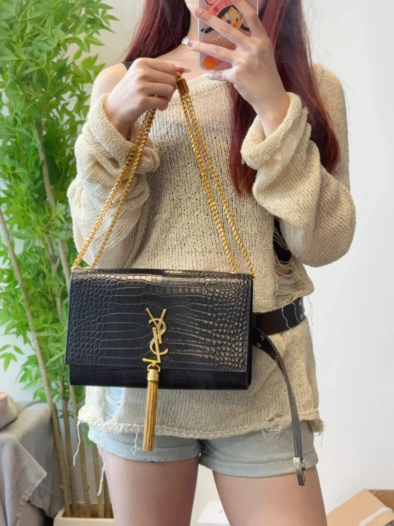 95新 YSL/圣罗兰 ysl 流苏中号黑金鳄压/公价无/甄选