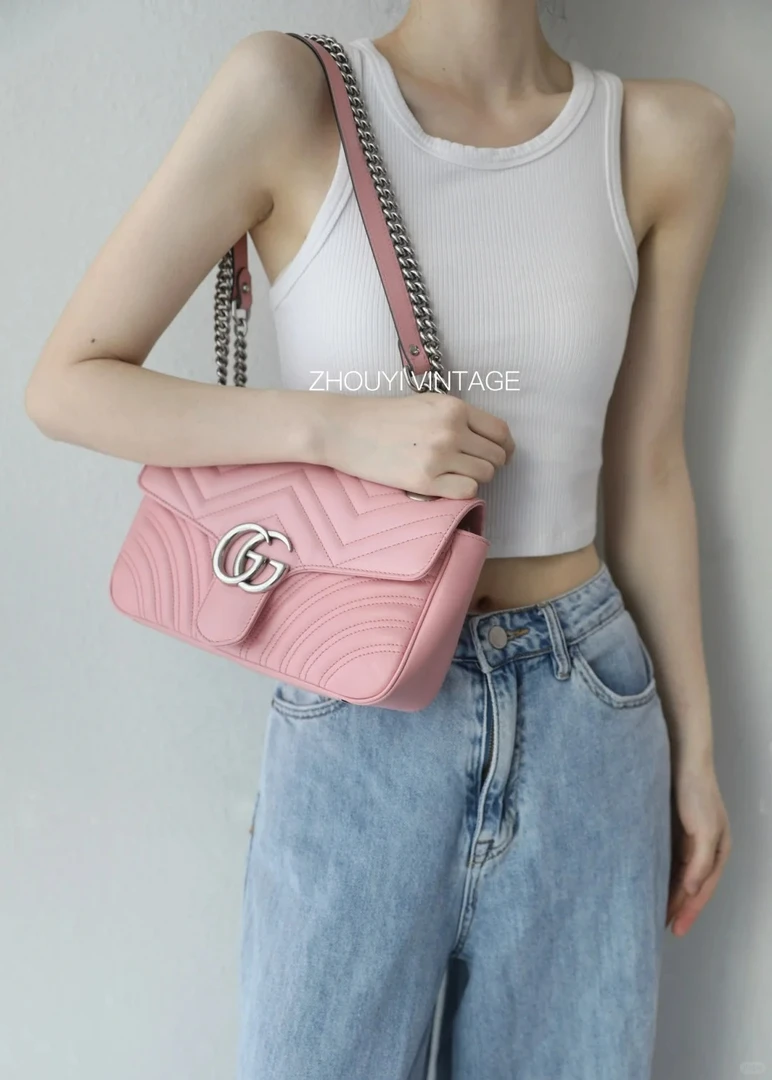 99新 GUCCI/古驰 marmont26粉银单肩斜挎包/公价无/甄选