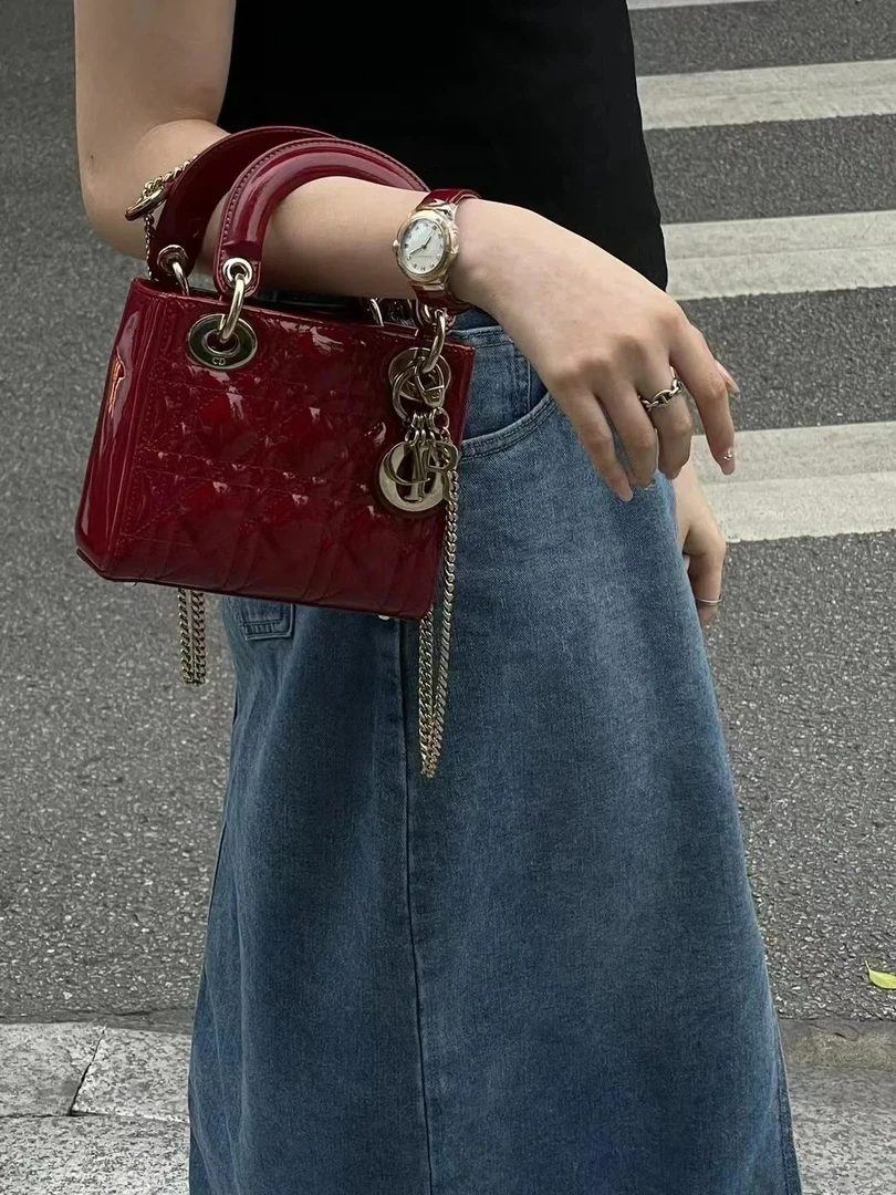 99新 DIOR/迪奥 dior 戴妃三格漆皮红金单肩斜挎包 /公价无/甄选