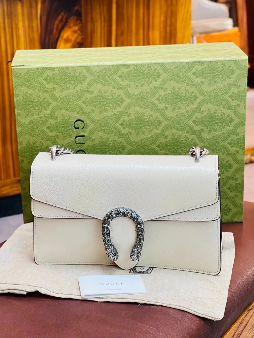 95新 GUCCI/古驰 酒神钻扣中号白色链条包/公价无/甄选