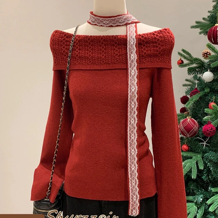 敏敏推荐【圣诞红】一字肩纯欲蕾丝围脖针织毛衣内搭27111