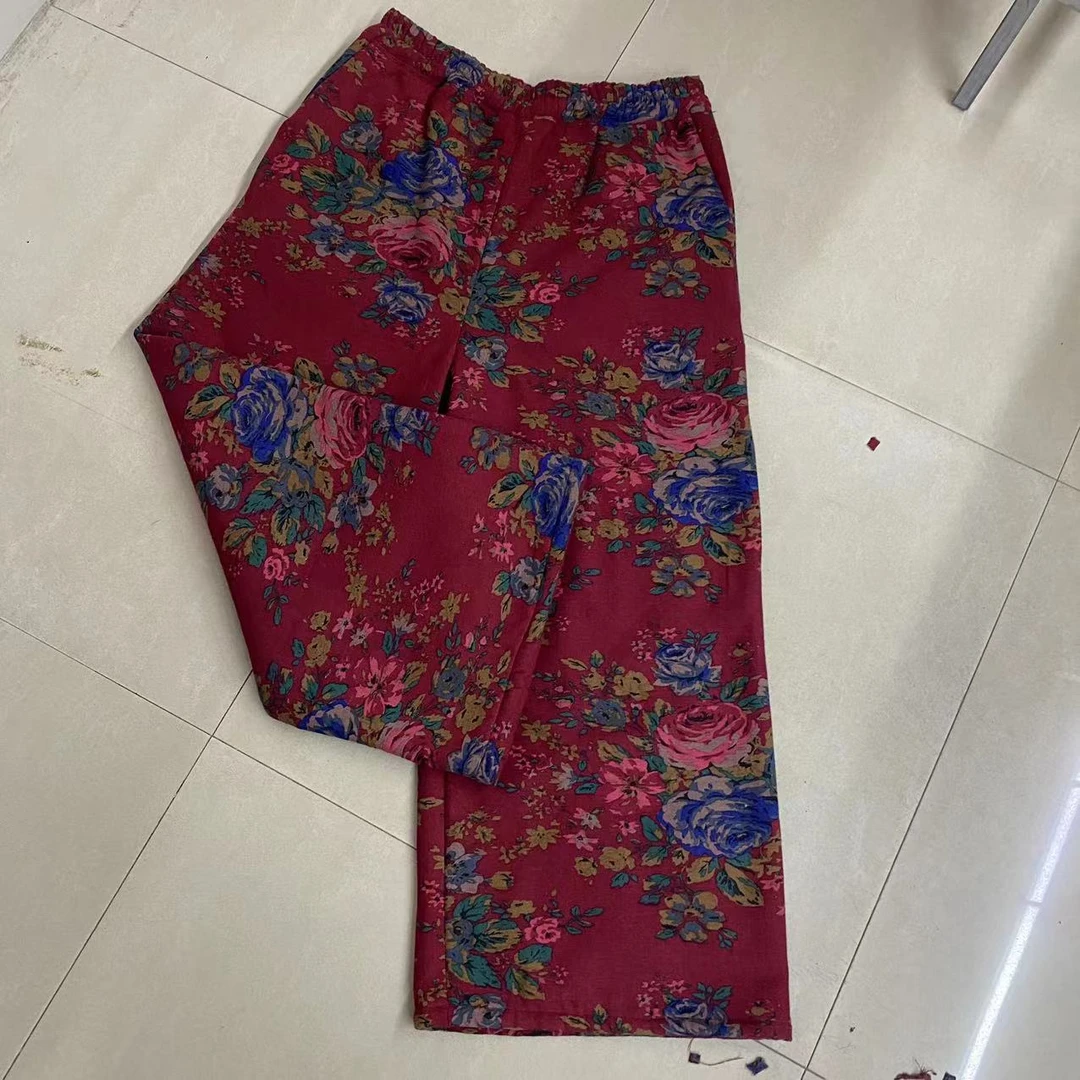 玫红色加绒裤子春秋冬直筒裤子碎花休闲复古国风印花