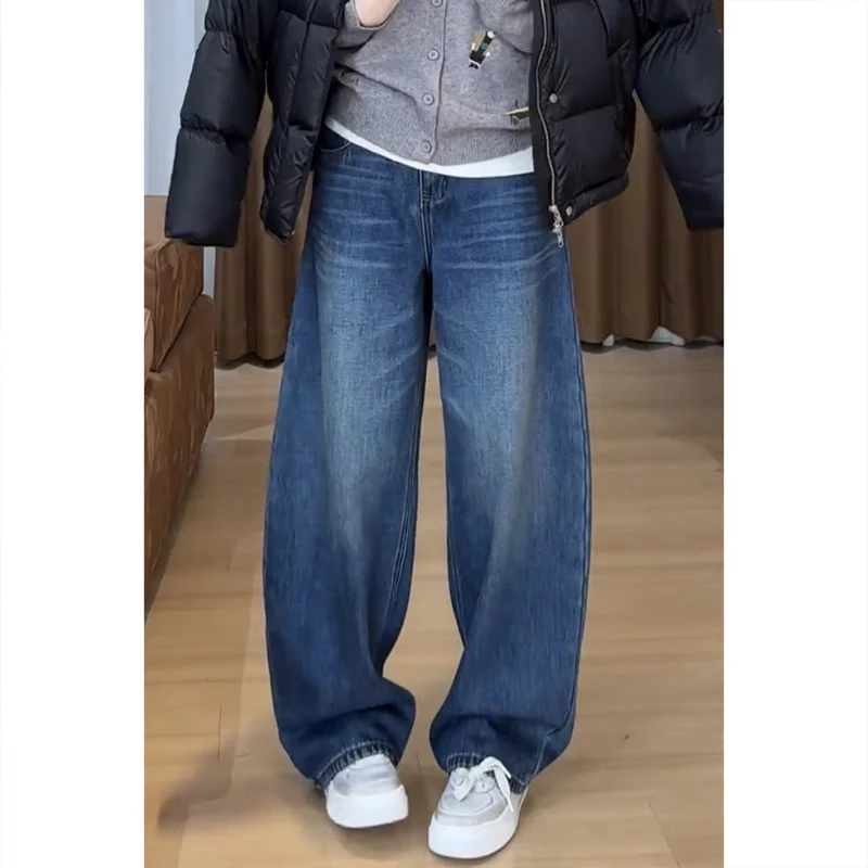 加绒牛仔裤女阔腿弯刀裤冬大码香蕉裤梨形身材小个子显瘦拖地长裤