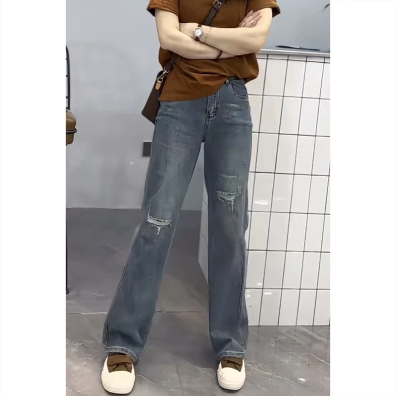梨形身材大码高腰破洞直筒牛仔裤女微胖显瘦窄版阔腿裤拖地长裤子