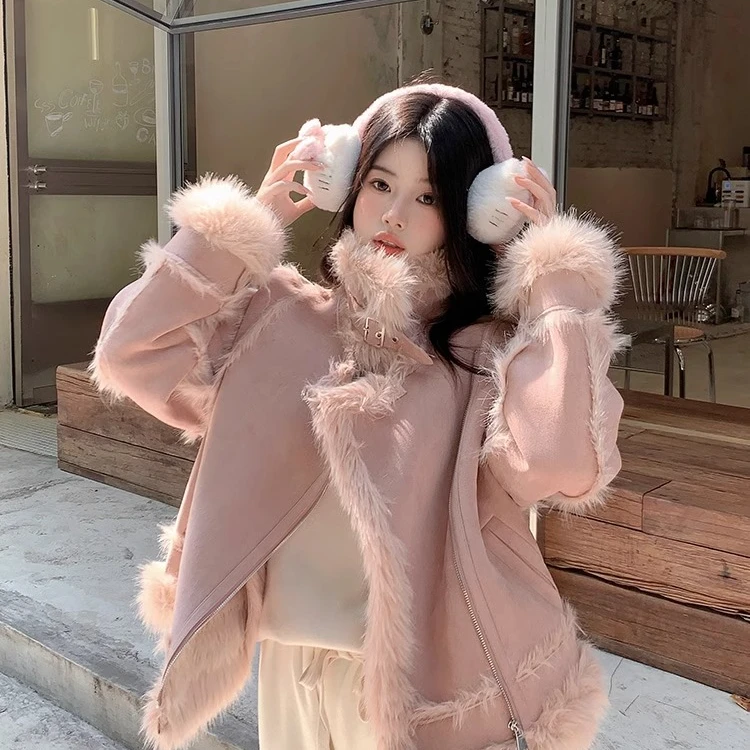 2024年网红冬麂皮绒毛 毛短外套加绒加厚 冬季新款仿皮毛一体棉服